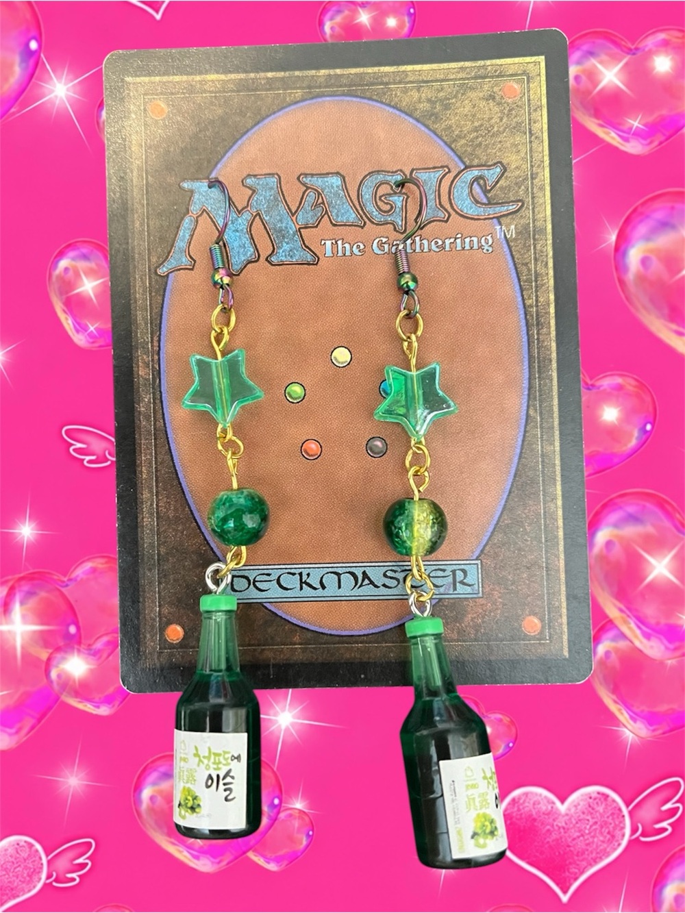 Green Bottle Charm Earrings with Star Beads